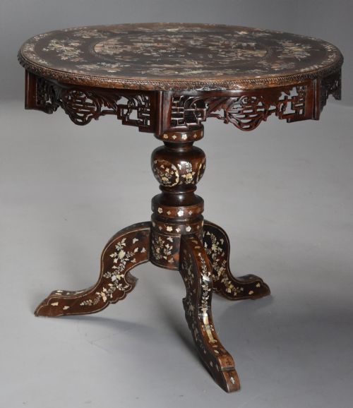 HIGHLY DECORATIVE LATE 19TH CENTURY VIETNAMESE HARDWOOD MOTHER OF PEARL INLAID CIRCULAR CENTRE TABLE