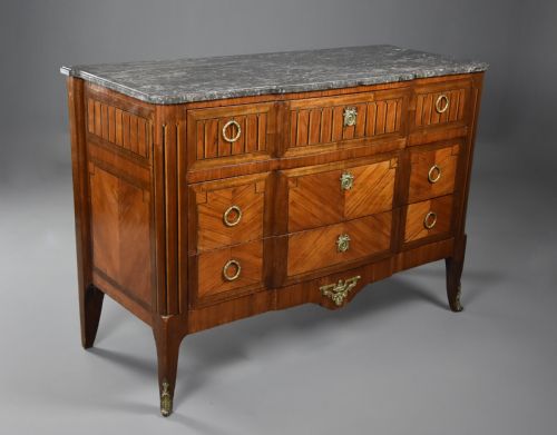 LATE 19THC FRENCH LOUIS XVI STYLE TULIPWOOD BREAKFRONT COMMODE WITH ORIGINAL MARBLE TOP - ADDITIONAL PHOTO 1