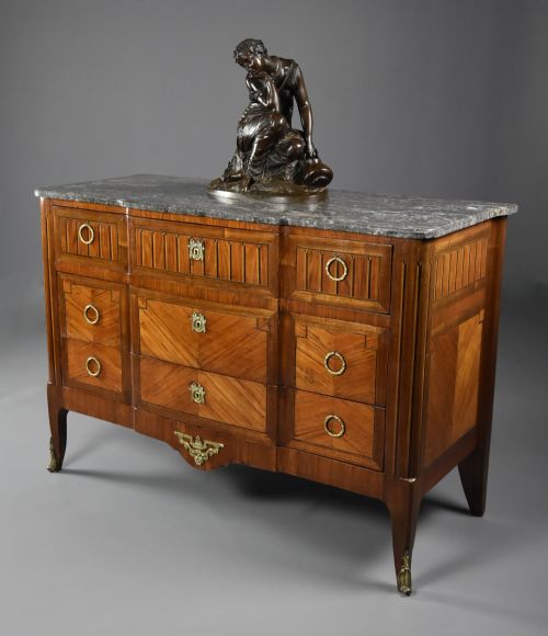 LATE 19THC FRENCH LOUIS XVI STYLE TULIPWOOD BREAKFRONT COMMODE WITH ORIGINAL MARBLE TOP