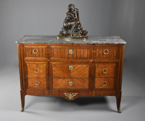 LATE 19THC FRENCH LOUIS XVI STYLE TULIPWOOD BREAKFRONT COMMODE WITH ORIGINAL MARBLE TOP - ADDITIONAL PHOTO 2