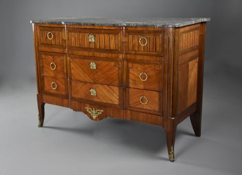 LATE 19THC FRENCH LOUIS XVI STYLE TULIPWOOD BREAKFRONT COMMODE WITH ORIGINAL MARBLE TOP - ADDITIONAL PHOTO 5