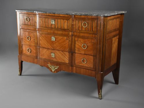 LATE 19THC FRENCH LOUIS XVI STYLE TULIPWOOD BREAKFRONT COMMODE WITH ORIGINAL MARBLE TOP - ADDITIONAL PHOTO 6