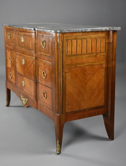 LATE 19THC FRENCH LOUIS XVI STYLE TULIPWOOD BREAKFRONT COMMODE WITH ORIGINAL MARBLE TOP - ADDITIONAL PHOTO 8