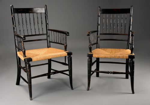 RARE UNUSUAL PAIR OF LATE 19TH CENTURY HIS HERS EBONISED SUSSEX ARMCHAIRS ATTRIBUTED TO MORRIS CO - ADDITIONAL PHOTO 1