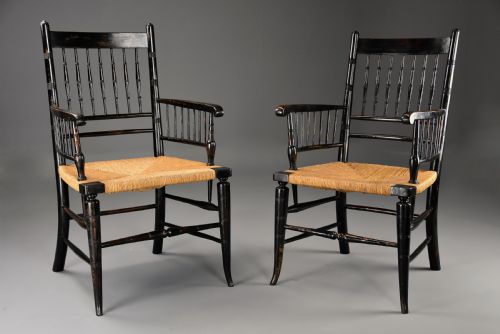 RARE UNUSUAL PAIR OF LATE 19TH CENTURY HIS HERS EBONISED SUSSEX ARMCHAIRS ATTRIBUTED TO MORRIS CO - ADDITIONAL PHOTO 2