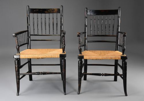 RARE UNUSUAL PAIR OF LATE 19TH CENTURY HIS HERS EBONISED SUSSEX ARMCHAIRS ATTRIBUTED TO MORRIS CO - ADDITIONAL PHOTO 3