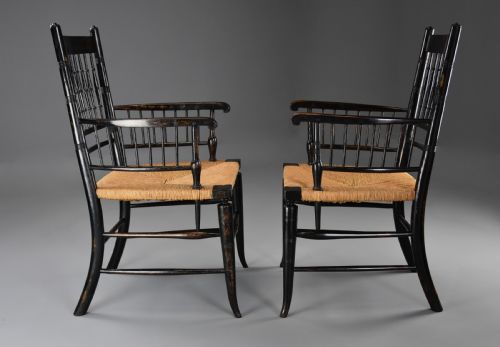 RARE UNUSUAL PAIR OF LATE 19TH CENTURY HIS HERS EBONISED SUSSEX ARMCHAIRS ATTRIBUTED TO MORRIS CO - ADDITIONAL PHOTO 4