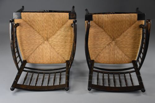 RARE UNUSUAL PAIR OF LATE 19TH CENTURY HIS HERS EBONISED SUSSEX ARMCHAIRS ATTRIBUTED TO MORRIS CO - ADDITIONAL PHOTO 6