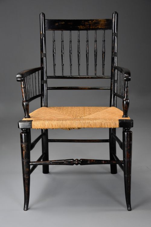 RARE UNUSUAL PAIR OF LATE 19TH CENTURY HIS HERS EBONISED SUSSEX ARMCHAIRS ATTRIBUTED TO MORRIS CO - ADDITIONAL PHOTO 7