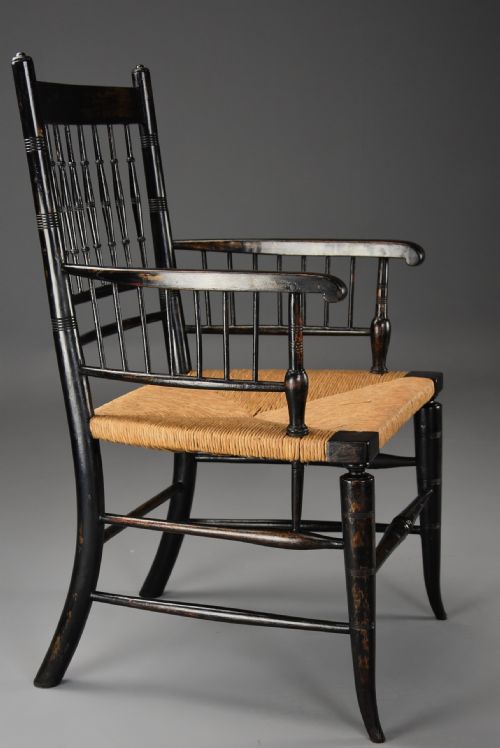 RARE UNUSUAL PAIR OF LATE 19TH CENTURY HIS HERS EBONISED SUSSEX ARMCHAIRS ATTRIBUTED TO MORRIS CO - ADDITIONAL PHOTO 8