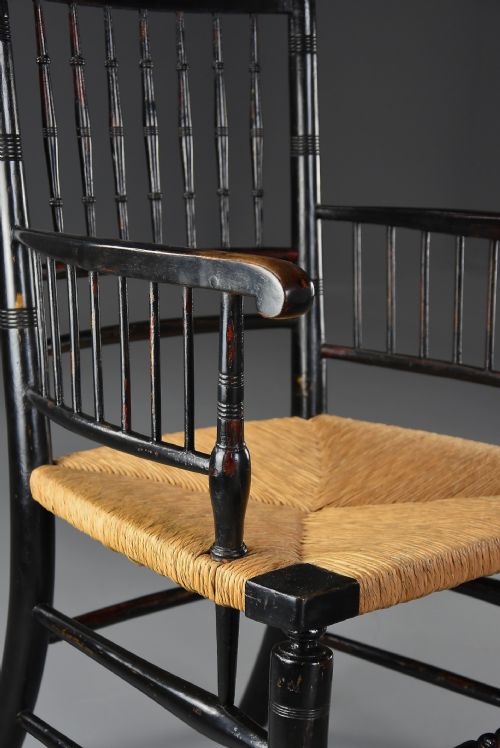 RARE UNUSUAL PAIR OF LATE 19TH CENTURY HIS HERS EBONISED SUSSEX ARMCHAIRS ATTRIBUTED TO MORRIS CO - ADDITIONAL PHOTO 9