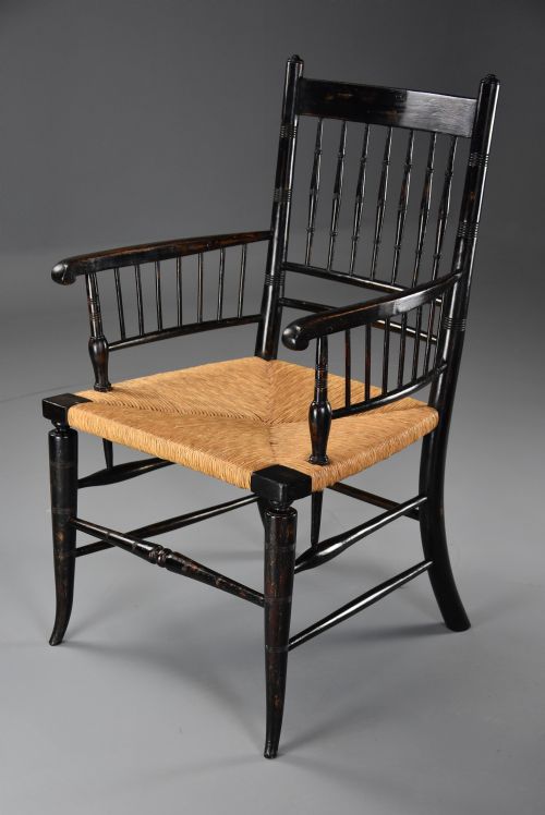 RARE UNUSUAL PAIR OF LATE 19TH CENTURY HIS HERS EBONISED SUSSEX ARMCHAIRS ATTRIBUTED TO MORRIS CO - ADDITIONAL PHOTO 10