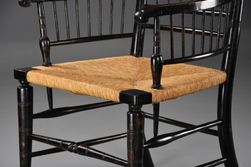 RARE UNUSUAL PAIR OF LATE 19TH CENTURY HIS HERS EBONISED SUSSEX ARMCHAIRS ATTRIBUTED TO MORRIS CO - ADDITIONAL PHOTO 11