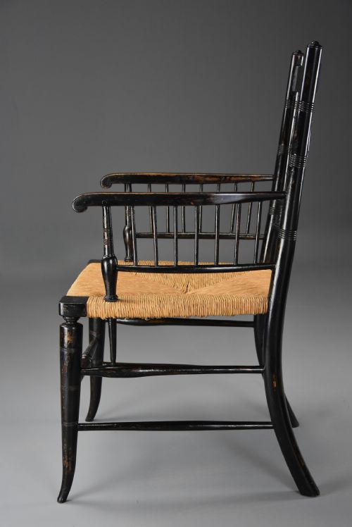 RARE UNUSUAL PAIR OF LATE 19TH CENTURY HIS HERS EBONISED SUSSEX ARMCHAIRS ATTRIBUTED TO MORRIS CO - ADDITIONAL PHOTO 12
