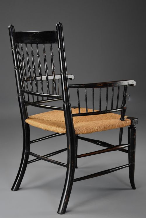 RARE UNUSUAL PAIR OF LATE 19TH CENTURY HIS HERS EBONISED SUSSEX ARMCHAIRS ATTRIBUTED TO MORRIS CO - ADDITIONAL PHOTO 13