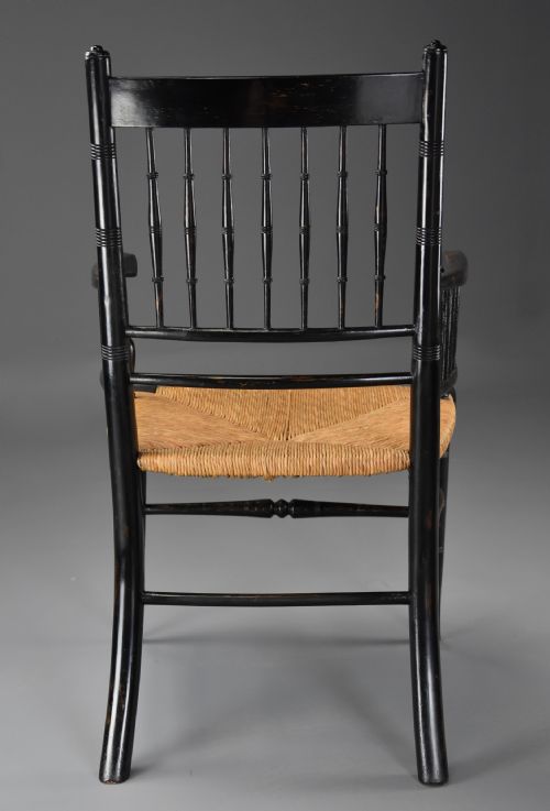 RARE UNUSUAL PAIR OF LATE 19TH CENTURY HIS HERS EBONISED SUSSEX ARMCHAIRS ATTRIBUTED TO MORRIS CO - ADDITIONAL PHOTO 14