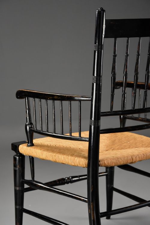 RARE UNUSUAL PAIR OF LATE 19TH CENTURY HIS HERS EBONISED SUSSEX ARMCHAIRS ATTRIBUTED TO MORRIS CO - ADDITIONAL PHOTO 15