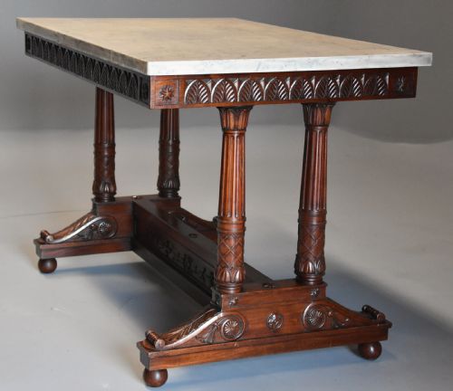 RARE AND FINE QUALITY EARLY 19TH CENTURY FRENCH EMPIRE MAHOGANY CENTRE TABLE WITH MARBLE TOP STAMPED 'JACOB'