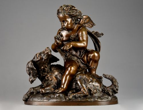 Charming Late 19th Century Fine Quality French Bronze of a Winged Putto & Spaniel Dog