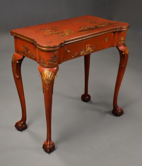 EARLY 20TH CENTURY RED LACQUERED CHINOISERIE CARD OR GAMES TABLE IN THE 18THC STYLE