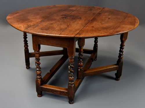RARE LATE 17THC WALNUT GATELEG TABLE WITH UNUSUAL BARLEY TWIST BASE SUPERB FADED PATINA