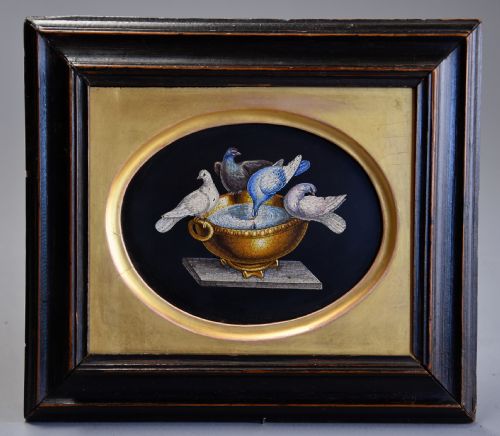 MID 19TH CENTURY ITALIAN MICROMOSAIC PLAQUE OF THE DOVES OF PLINY OR THE CAPITOLINE DOVES IN EBONISED FRAME