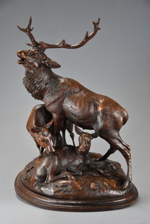 Late 19th Century Finely Carved Black Forest Linden Wood Deer Group, in the Manner of J. Huggler