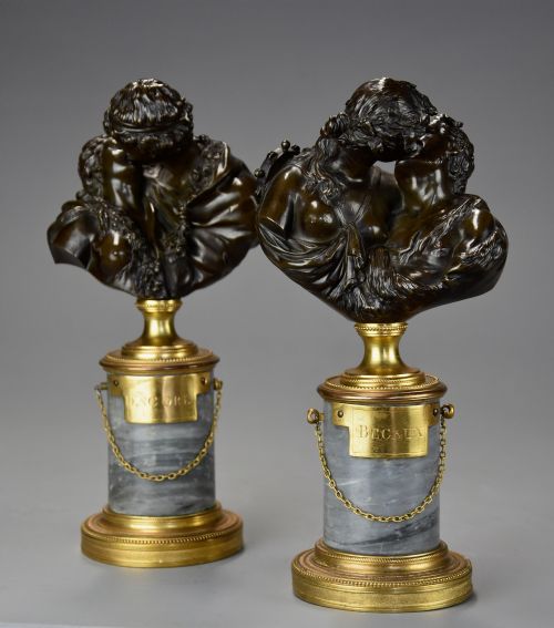 fig 2. A pair of 19th-century patinated bronze miniature busts of kissing figures, mounted on cylindrical grey marble bases with gilt bronze mounts.