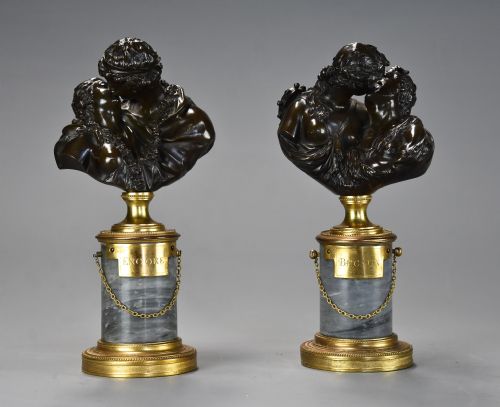 fig 3. A pair of 19th-century patinated bronze miniature busts of kissing figures, mounted on cylindrical grey marble bases with gilt bronze mounts.