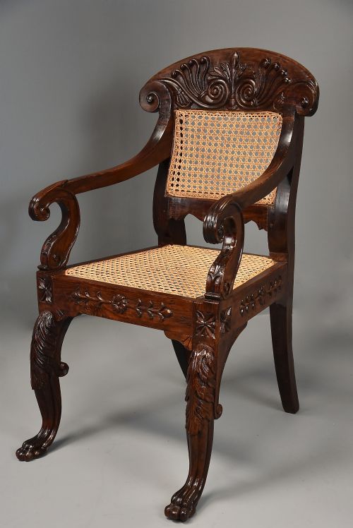 MID 19TH CENTURY ANGLO INDIAN CARVED PADOUK OPEN ARMCHAIR WITH ENGLISH REGENCY INFLUENCES - ADDITIONAL PHOTO 1