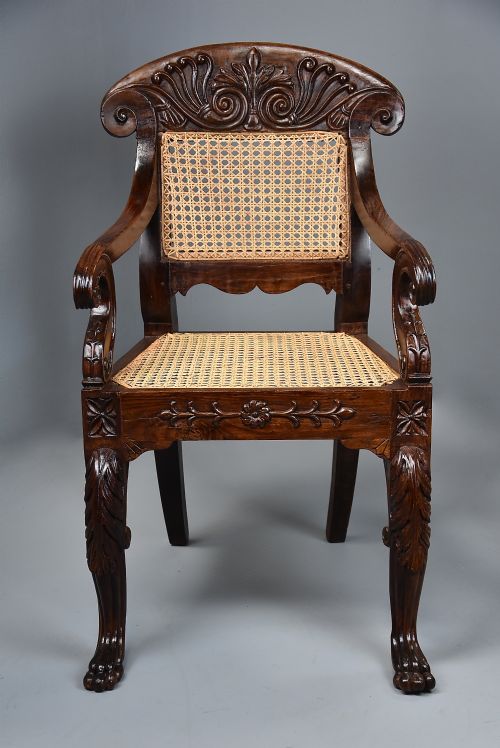 MID 19TH CENTURY ANGLO INDIAN CARVED PADOUK OPEN ARMCHAIR WITH ENGLISH REGENCY INFLUENCES - ADDITIONAL PHOTO 2