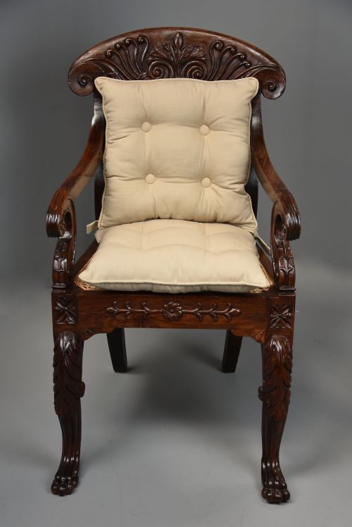 MID 19TH CENTURY ANGLO INDIAN CARVED PADOUK OPEN ARMCHAIR WITH ENGLISH REGENCY INFLUENCES - ADDITIONAL PHOTO 3