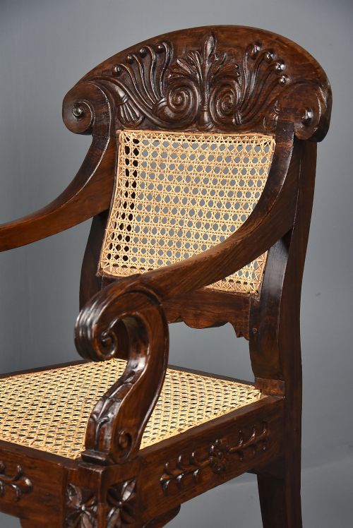 MID 19TH CENTURY ANGLO INDIAN CARVED PADOUK OPEN ARMCHAIR WITH ENGLISH REGENCY INFLUENCES - ADDITIONAL PHOTO 5