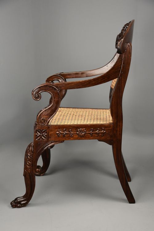 MID 19TH CENTURY ANGLO INDIAN CARVED PADOUK OPEN ARMCHAIR WITH ENGLISH REGENCY INFLUENCES - ADDITIONAL PHOTO 7