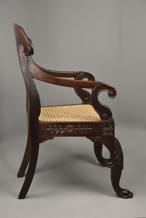 MID 19TH CENTURY ANGLO INDIAN CARVED PADOUK OPEN ARMCHAIR WITH ENGLISH REGENCY INFLUENCES - ADDITIONAL PHOTO 8