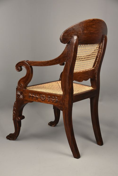 MID 19TH CENTURY ANGLO INDIAN CARVED PADOUK OPEN ARMCHAIR WITH ENGLISH REGENCY INFLUENCES - ADDITIONAL PHOTO 9