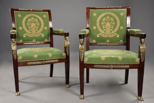 PAIR OF LATE 19THC FRENCH EMPIRE STYLE MAHOGANY FAUTEUILS OPEN ARMCHAIRS