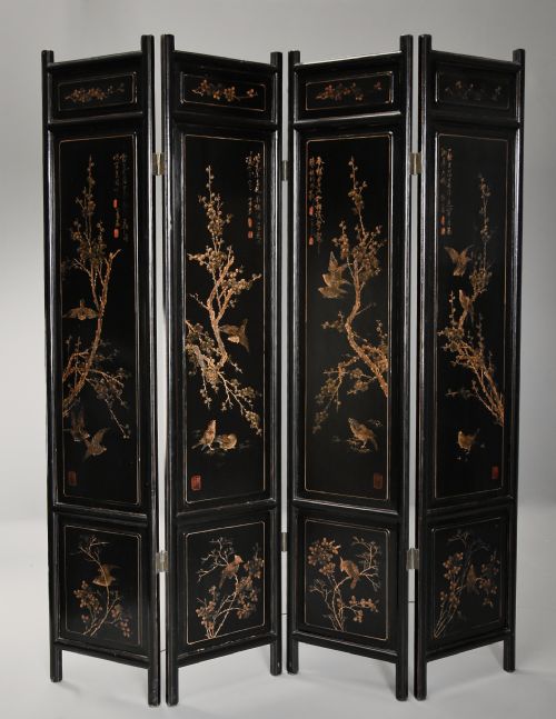 EARLY 20TH CENTURY CHINESE BLACK LACQUERED FOURLEAF FREESTANDING SCREEN OR ROOM DIVIDER