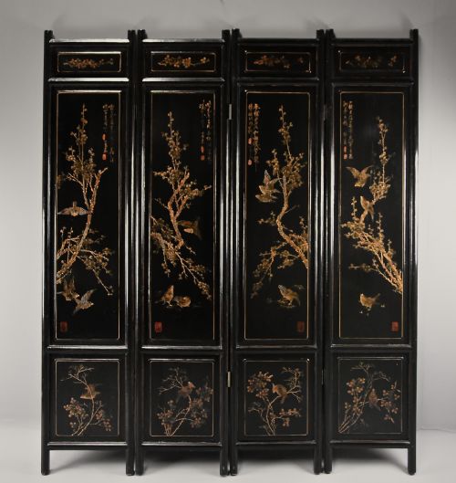 EARLY 20TH CENTURY CHINESE BLACK LACQUERED FOURLEAF FREESTANDING SCREEN OR ROOM DIVIDER - ADDITIONAL PHOTO 1