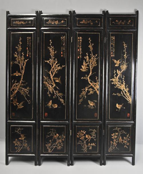 EARLY 20TH CENTURY CHINESE BLACK LACQUERED FOURLEAF FREESTANDING SCREEN OR ROOM DIVIDER - ADDITIONAL PHOTO 3