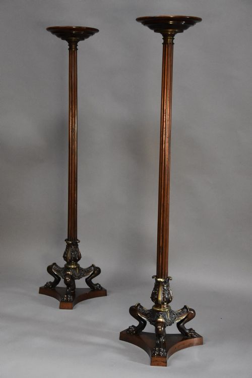 SUPERB PAIR OF LATE 19TH CENTURY REGENCY STYLE BRONZE MAHOGANY TORCHERES IN THE MANNER OF GEORGE SMITH OR THOMAS HOPE