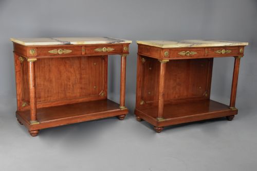 FINE QUALITY PAIR OF 19TH CENTURY FRENCH EMPIRE STYLE MAHOGANY CONSOLE TABLES WITH MARBLE TOPS STAMPED KRIEGER PARIS - ADDITIONAL PHOTO 2