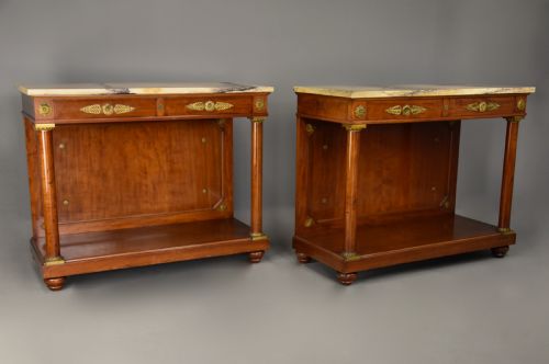 FINE QUALITY PAIR OF 19TH CENTURY FRENCH EMPIRE STYLE MAHOGANY CONSOLE TABLES WITH MARBLE TOPS STAMPED KRIEGER PARIS - ADDITIONAL PHOTO 3