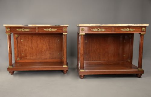 FINE QUALITY PAIR OF 19TH CENTURY FRENCH EMPIRE STYLE MAHOGANY CONSOLE TABLES WITH MARBLE TOPS STAMPED KRIEGER PARIS - ADDITIONAL PHOTO 4