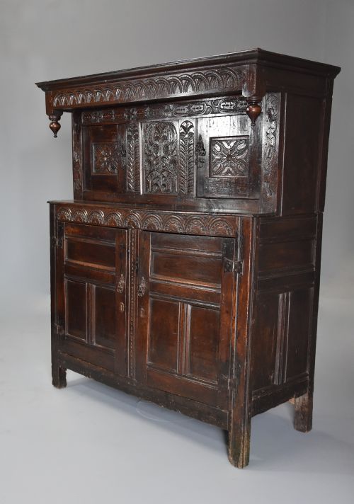 MID 17TH CENTURY CARVED OAK PRESS CUPBOARD IN ORIGINAL UNTOUCHED CONDITION WITH SUPERB ORIGINAL PATINA