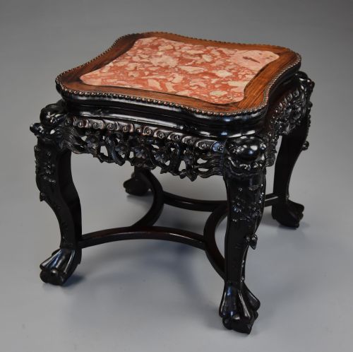LATE 19THC CHINESE HARDWOOD POT STAND OR LOW TABLE WITH SHAPED MARBLE INSET TOP