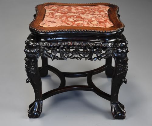 LATE 19THC CHINESE HARDWOOD POT STAND OR LOW TABLE WITH SHAPED MARBLE INSET TOP - ADDITIONAL PHOTO 1