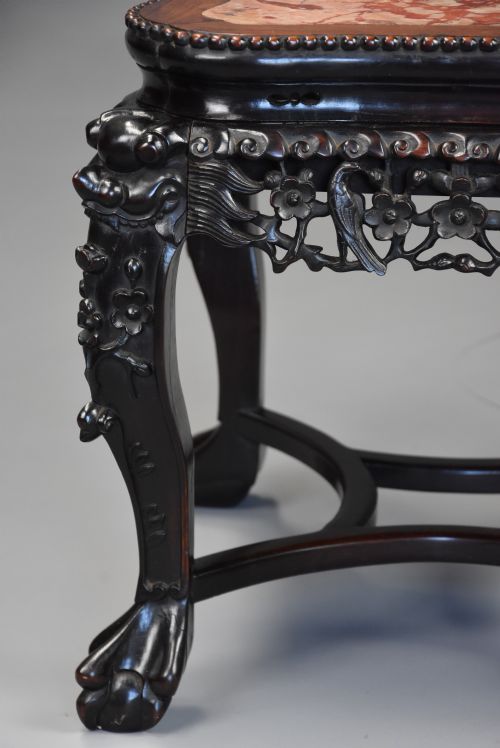 LATE 19THC CHINESE HARDWOOD POT STAND OR LOW TABLE WITH SHAPED MARBLE INSET TOP - ADDITIONAL PHOTO 7