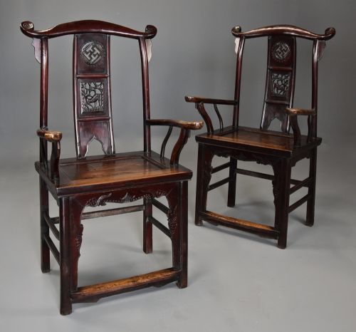 SUPER PAIR OF LATE 19TH CENTURY CHINESE ELM YOKEBACK ARMCHAIRS OF GOOD PATINA WITH ORIGINAL RED LACQUER
