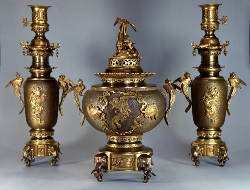 Fine Quality Late 19th Century French Japonisme Style Gilt & Patinated Bronze Incense Burner Set
